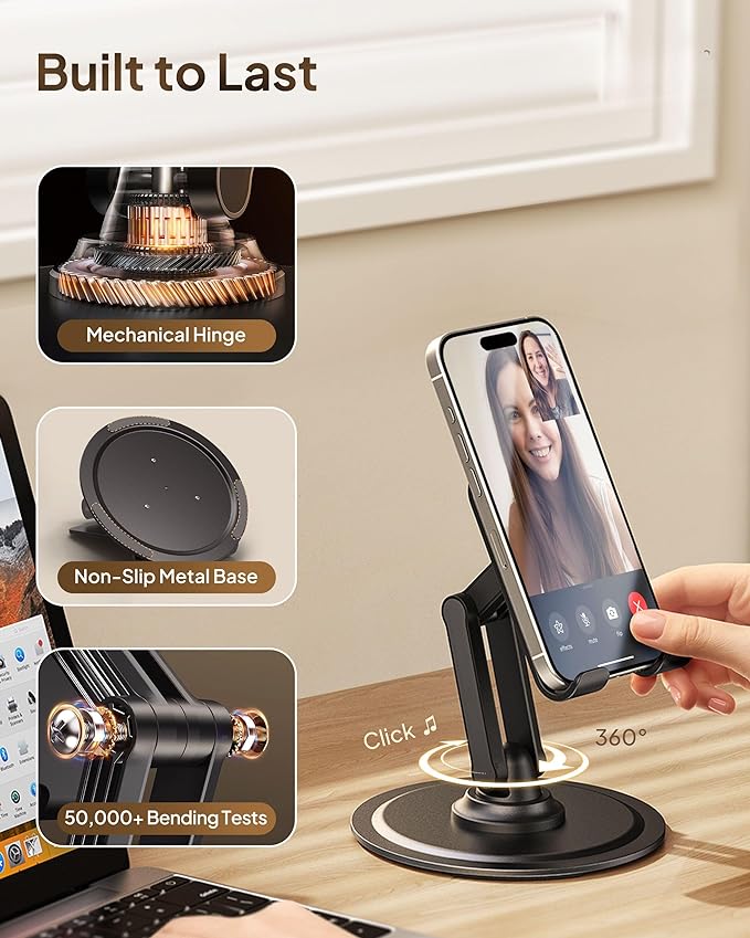 COOPER 360° Stand, Rotating Cell Phone Stand for Desk | Sturdy Metal Base, Foldable, Portable | Cell Phone Holder for Desk (Piano Black)