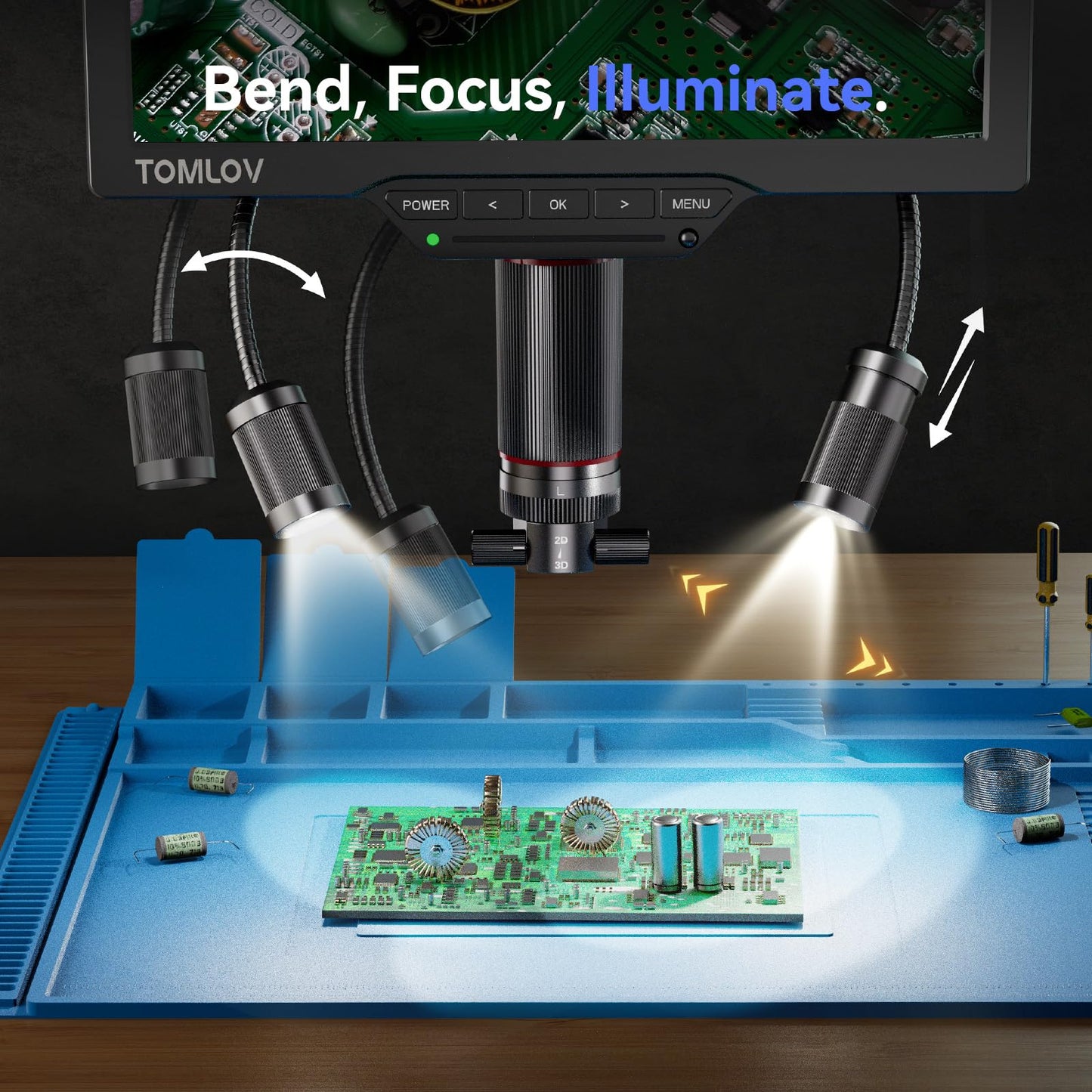 TOMLOV 3D Digital Microscope for Soldering: Magnetic Dual Lens Micro Scope TM3K-3D for Adult, Coin Microscope with Flex Arm, 3K 7-Inch IPS Screen, HDMI/USB Output, Gooseneck Light, Repair Mat, 16GB
