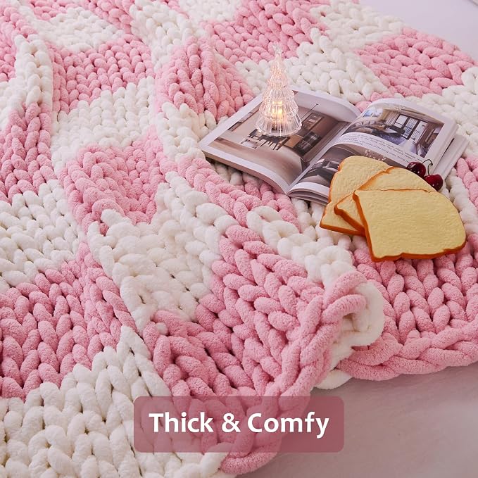 Admitrack Chunky Knit Blanket Throw 51"x63", 100% Hand Knit Chenille Throw Blanket for Sofa & Home Decor, Soft and Cozy Knitted Throw Blankets (Pink Checkered，51"x63")