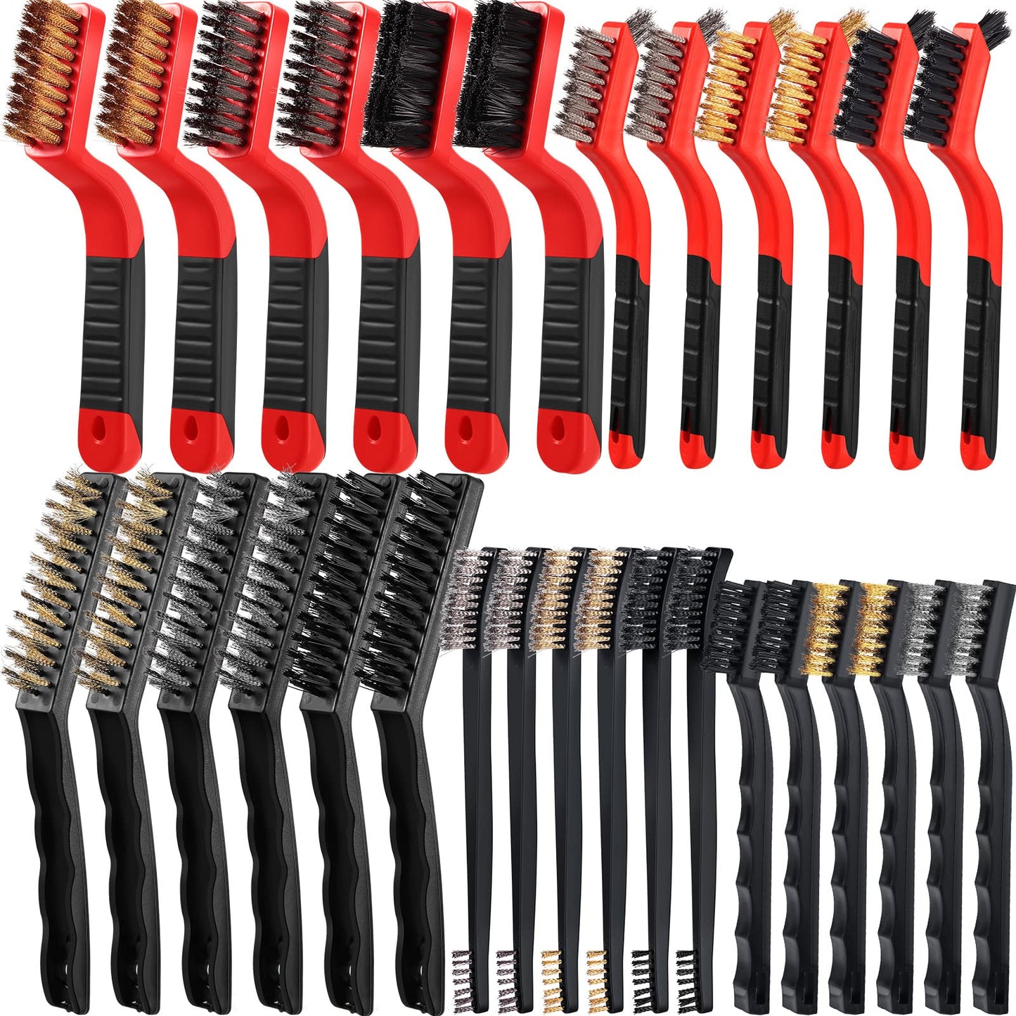 Sumind 30 Pcs Wire Cleaning Brush Set Nylon/ Stainless Steel/ Brass Metal Brush with Curved Handle Grip Paint Remover for Cleaning Rust Grout Cleaner (Nylon, Brass, Stainless Steel)