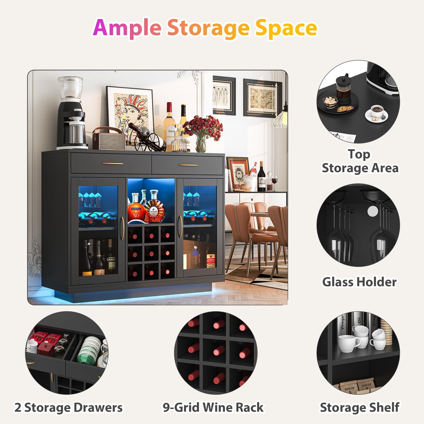 knoworld Wine Bar Cabinet with LED Lights, Coffee Bar Cabinet with Wine and Glass Rack, Black Bar Cabinet Liquor Cabinet, Kitchen Buffet Sideboard with Storage for Living Room, Dining Room
