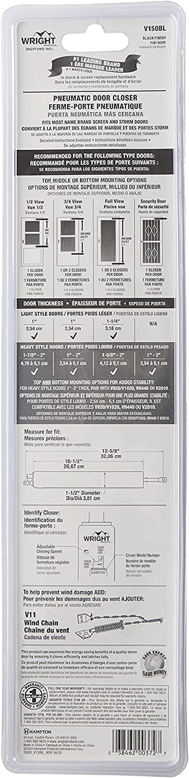 Prime-Line 3809BZ3068-I-WF Woodguard Steel Security Door – Traditional Screen Door Style & Wright Products V150BL Heavy Duty Pneumatic Screen and Storm Door Closer, Black