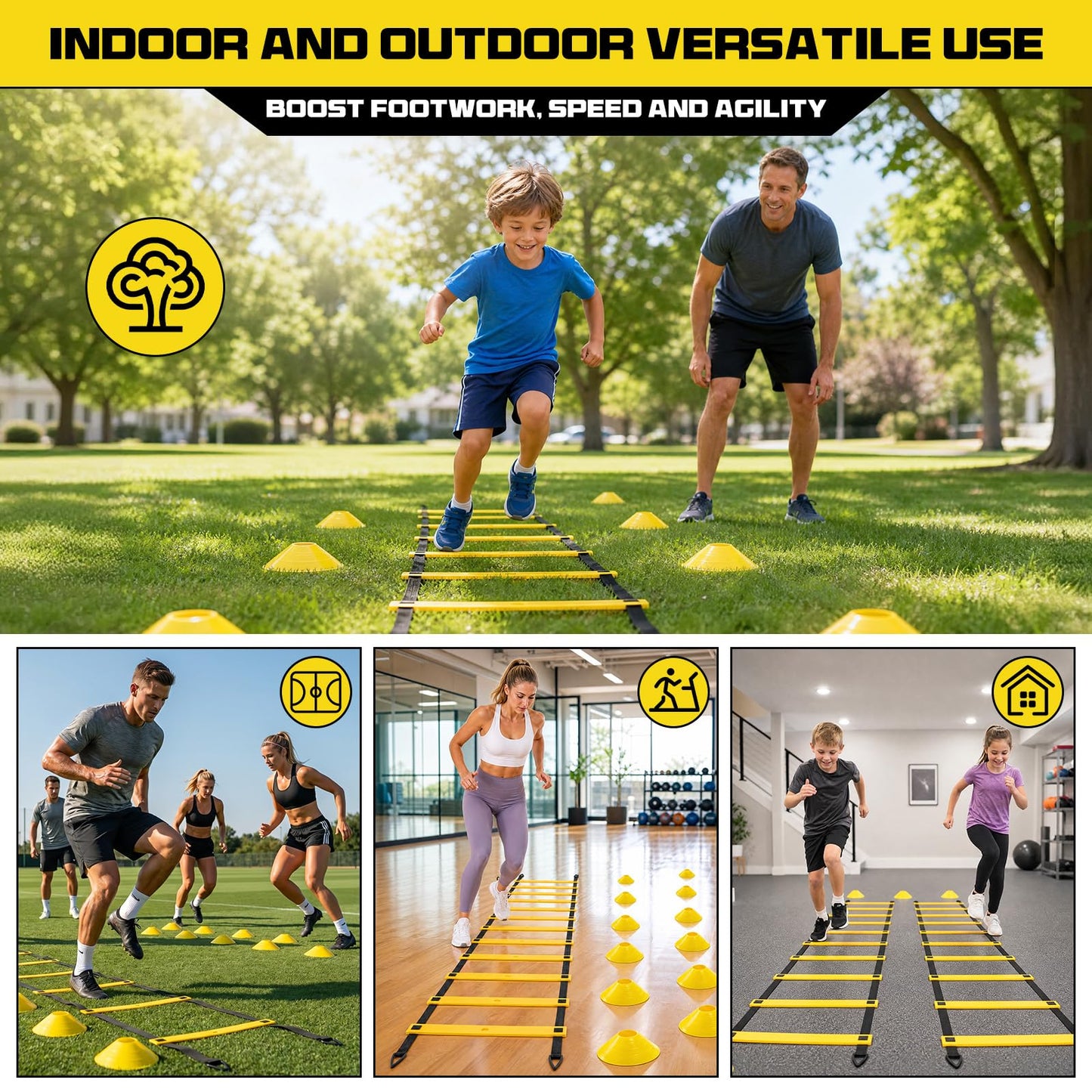 2 Pack 20ft Agility Ladder Set, 40ft Total Adjustable Speed Ladder with 12 Cones, 8 Stakes, 1 Carry Bag - Parallel Footwork Drills Gear for Football Soccer Basketball Training Equipment (Yellow)