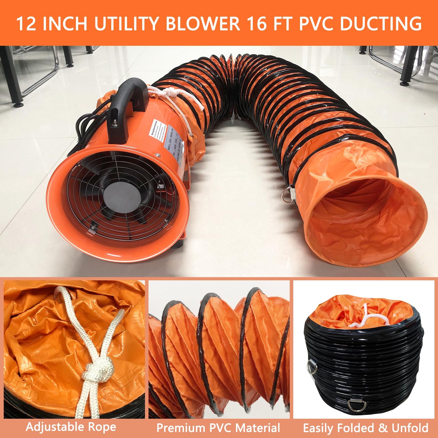 FICBXRA Utility Blower Fan 12 Inch Portable Axial Exhaust Fan 790W/7A 2300CFM High Velocity Ventilator with 16FT Duct Hose for Exhausting & Ventilating at Home and Job Site