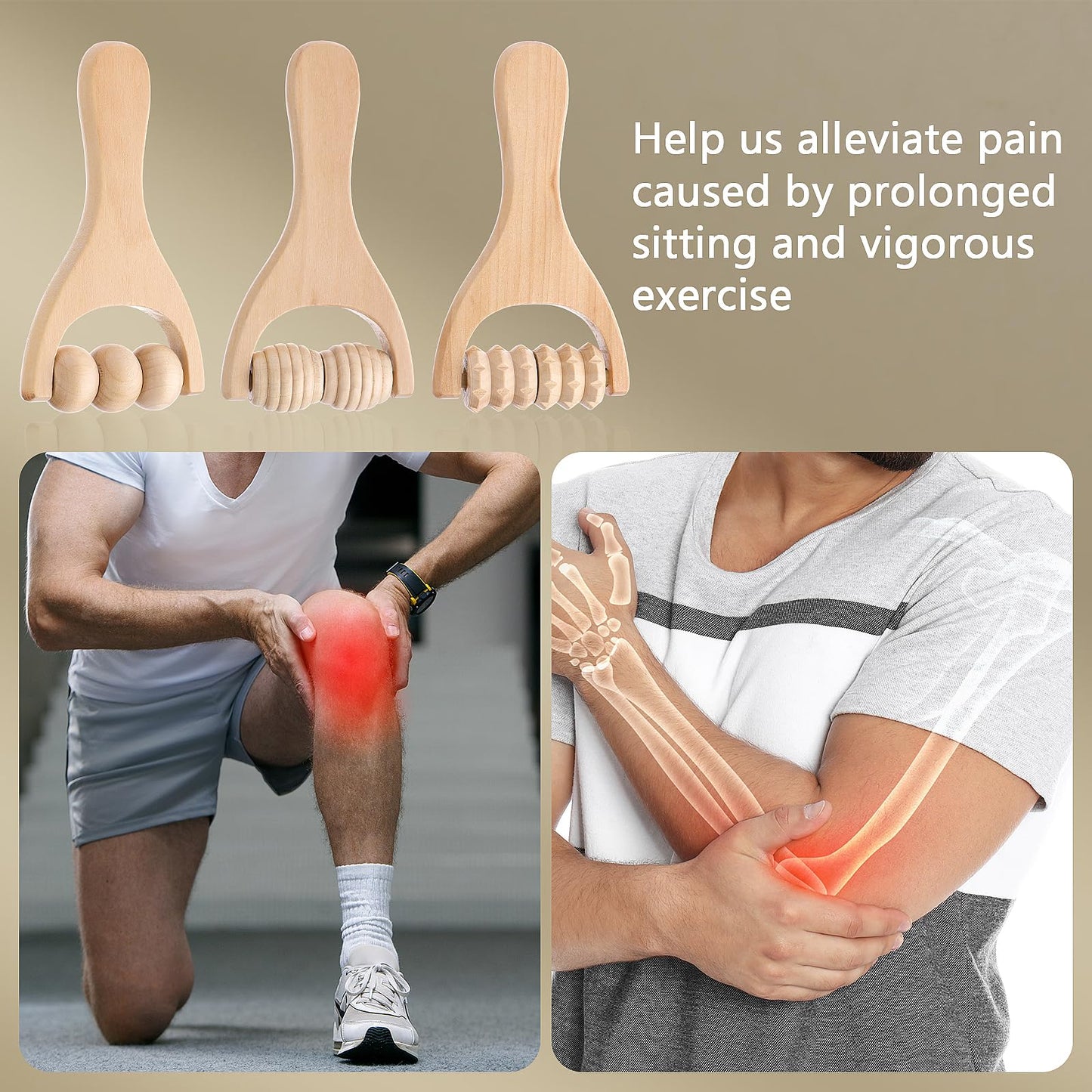 Abeillo 3Pcs Wooden Hand Massage Roller, Muscle Roller Stick, Manual Wood Therapy Massage Tools Massager Roller, for Relaxes Thigh, Leg, Hands Full Body Muscle Men Women