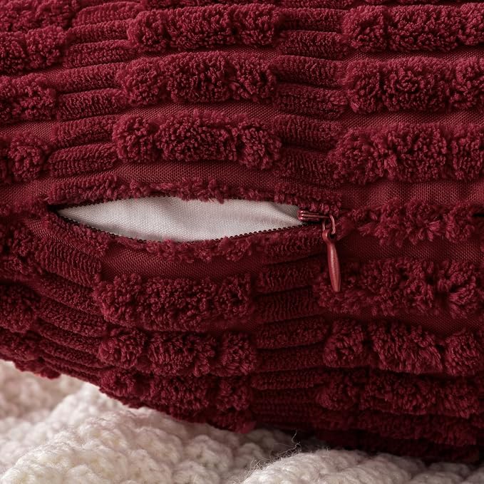 MIULEE Pack of 2 Burgundy Corduroy Decorative Pillow Covers 18x18 Inch Soft Boho Striped Throw Pillow Covers Modern Farmhouse Home Decor for Sofa Living Room Couch Bed
