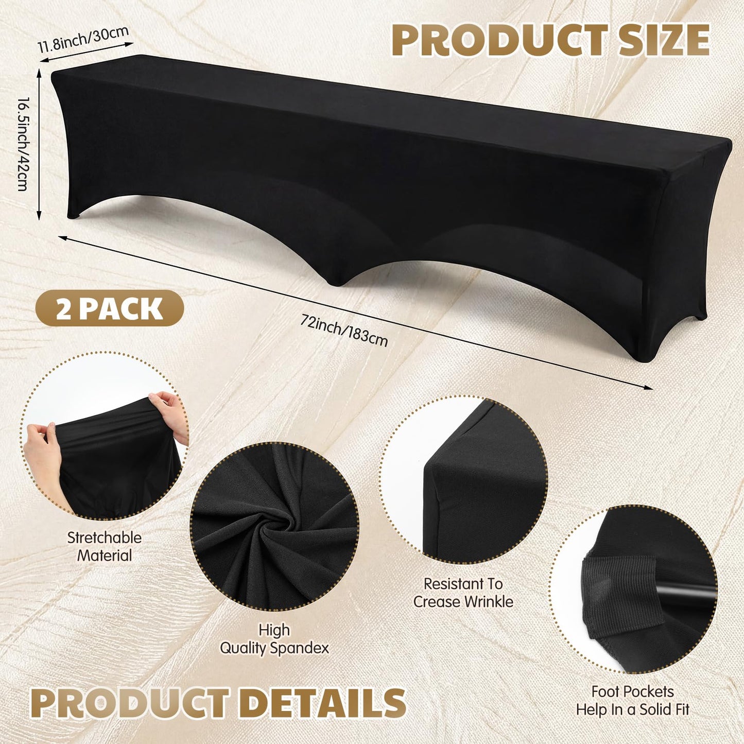 Hillsuren 2 Pack Black 6ft Stretch Bench Covers Folding Bench Cover Spandex Chair Cover Wrinkle Resistant Removable and Washable Chair Covers for Weddings Party Craft Show Display Events