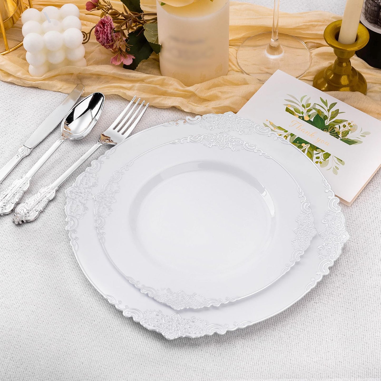 Bestluck 100 PCS White and Silver Plastic Plates for 50 Guests, Rose Gold Disposable Plates Include 50 PCS Dinner Plates, 50 PCS Dessert Plates for Party, Wedding and Baby Shower