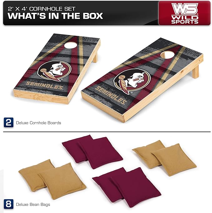 Wild Sports NCAA College 2' x 4' Wood Direct Print Tournament Cornhole Set, 8 Bean Bags, Vintage Triange Design - Tailgate, Outdoor, Backyard