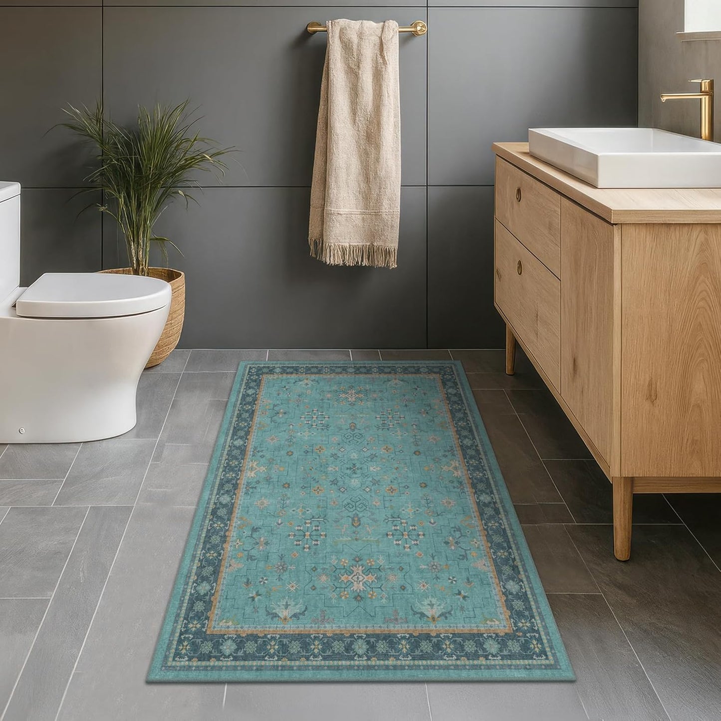 Skiennix Teal Area Rug - Washable Non-Skid Design for Entryway, Kitchen, Bathroom | Boho Geometric Style