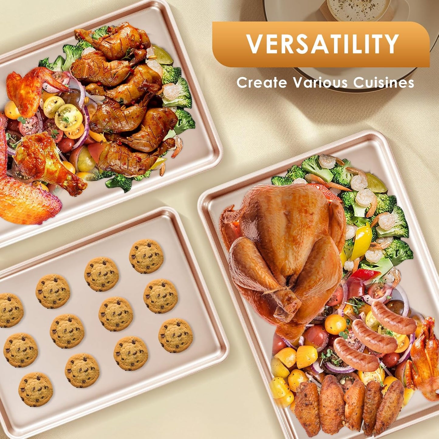 Skiennix Baking Sheet Pan Set - Nonstick Cookie Sheets for Easy Baking | Heavy Duty Rose Gold, 3-Piece Set
