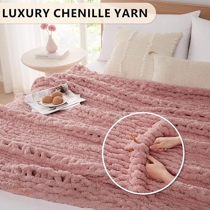 L'AGRATY Chunky Knit Blanket Throw: 72''x84'' Chenille Chunky Knitted Throw Blanket for Bed Couch - Handmade Thick Big Cable Knit Blanket - Large Crochet Blankets for Home Decor(Rose Pink)