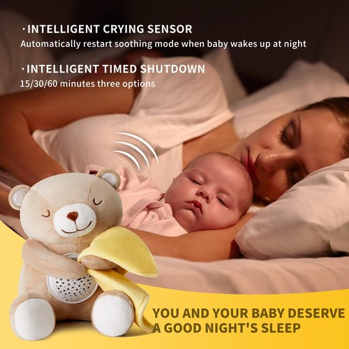 Baby Sleep Soother, White Noise Sound Machine Projector Night Light, Portable Stuffed Teddy Baby Gifts Bear Toy with 18 Soothing Sounds, Auto-Off Timer, Cry Sensor for Kids
