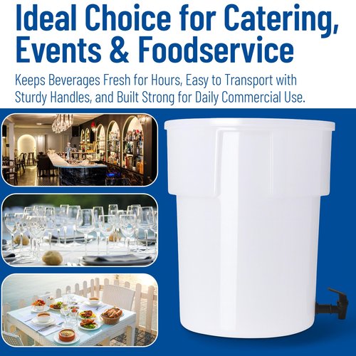 Carlisle FoodService Products Round Beverage Dispenser Drink Dispenser with Spigot for Catering, Plastic, 5 Gallons, White