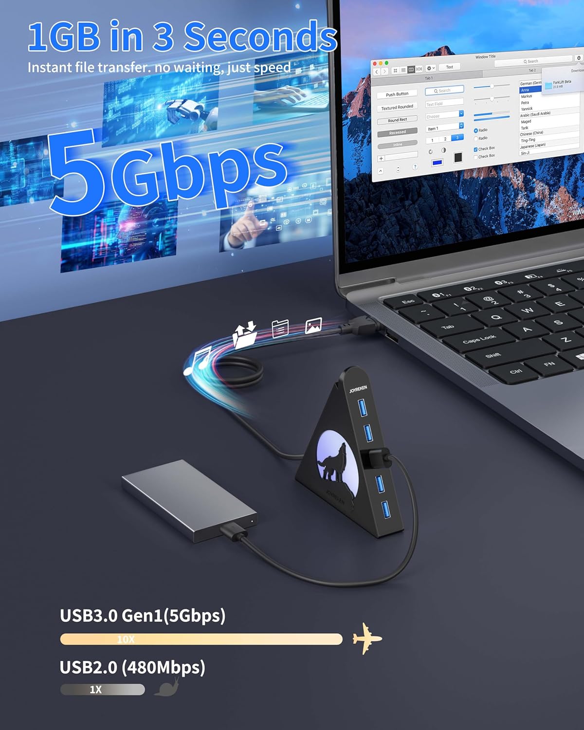JoyReken 7-Port 3.0 Lighting,5Gbps 2FT PS5, USB Hub, Vertical USB Hub Splitter with RGB High-Speed Data Transfer