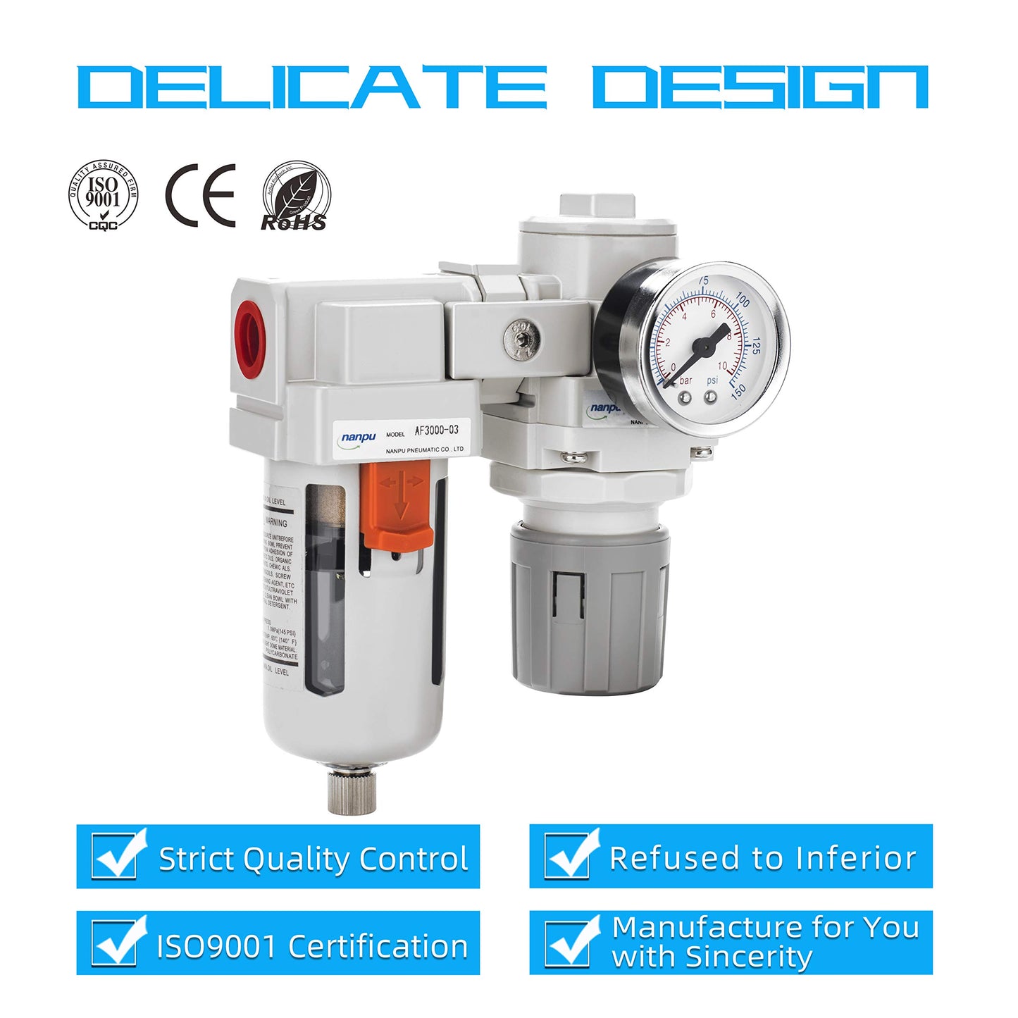 NANPU 3/8" NPT Compressed Air Filter Regulator Combo Piggyback, 5 Micron Element, Poly Bowl, Semi-Auto Drain, Bracket, Gauge (ARF3000)