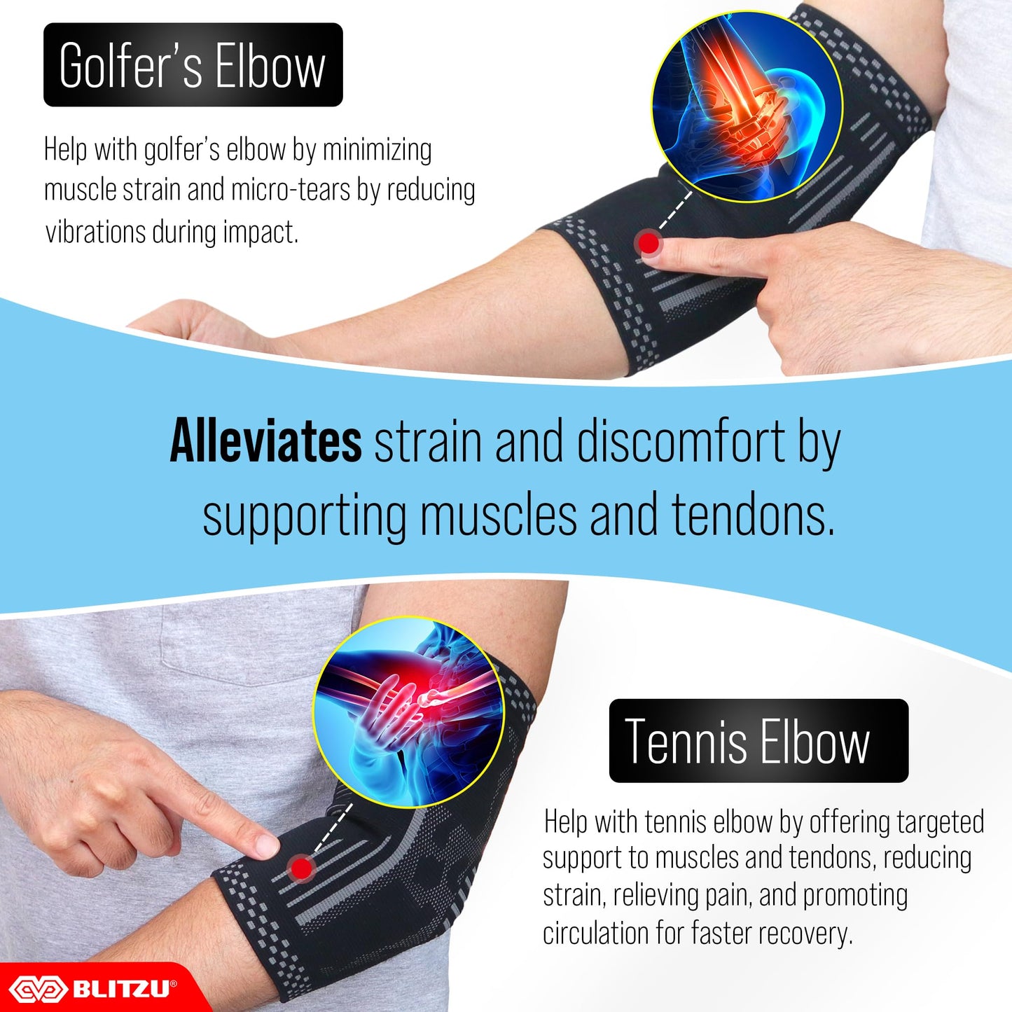 BLITZU Elbow Compression Sleeve for Tendonitis 2 Pack, Tennis Elbow Brace Support for Men and Women Golfers Elbow Pain Relief, Arthritis, Bursitis, Arm Brace for Workout, Weightlifting Black L