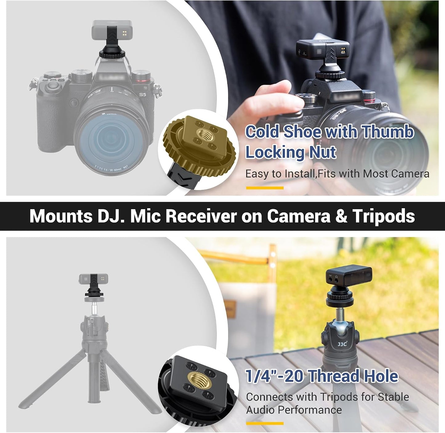 1 1/4"-20, Mic1 JJC Cold Shoe Mount Adapter for DJI Mic with Durable ABS Cold Shoe Adapter for DJI Only, Hot Shoe