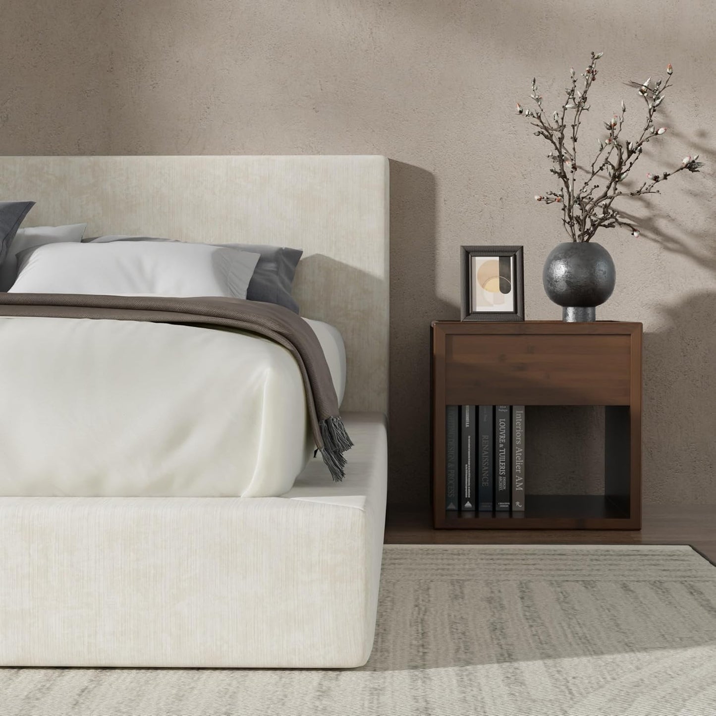 Recci AirFrame Queen Bed Frame - Cloud Upholstered Platform with Cushioned Headboard | Easy Assembly, Beige Chenille