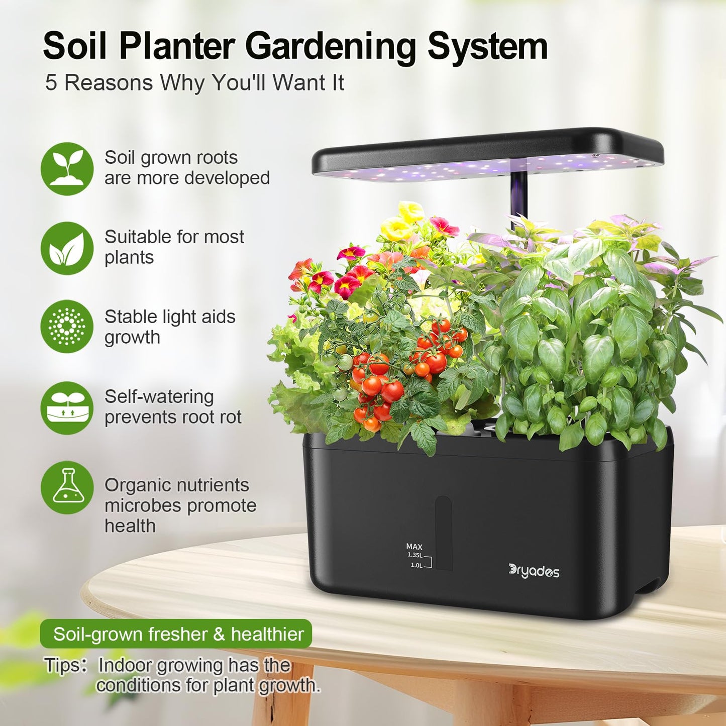 DRYADES Indoor Garden System with 19W LED Light, Self-Watering Pots, Medium Size, Black-a, Model Z224