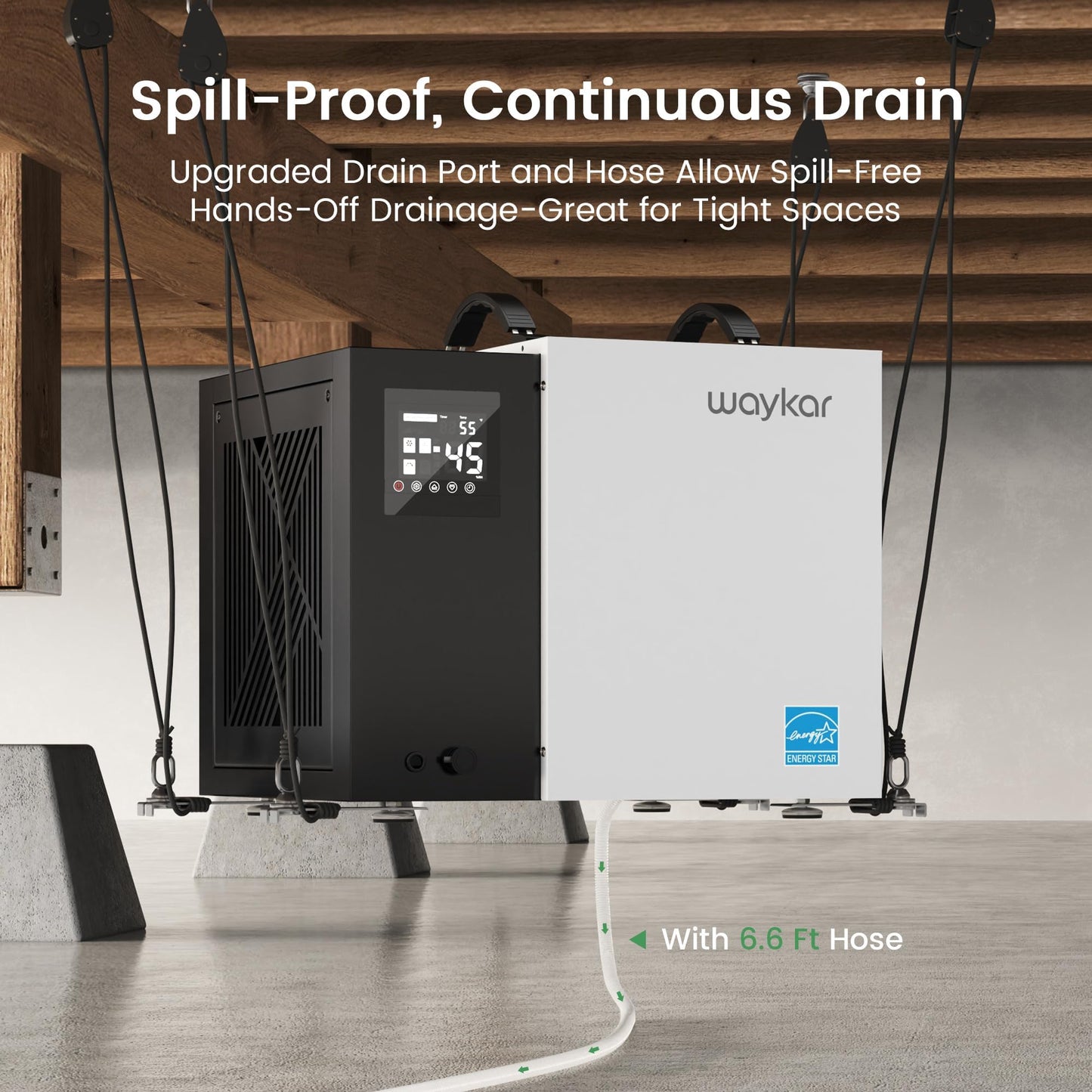 Waykar 70 Pint Energy Star Crawl Space Dehumidifier with Drain Hose for Basements, Commercial & Water Damage Spaces up to 5000 Sq. Ft., Compact, Strong Dehumidification, 5-Year Quality Coverage