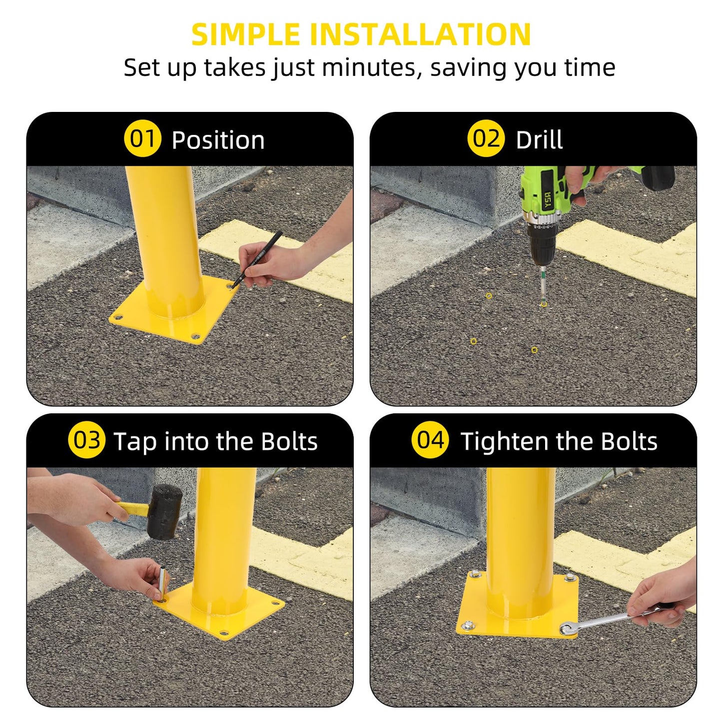 PeakPursuit 42 Inch Height Safety Bollard Post, 2 Pack 4.5 Inches Diameter Steel Pipe Safety Bollard, Yellow Parking Bollard with 24 Anchor Bolts, Steel Bollard Post for Traffic-Sensitive Area