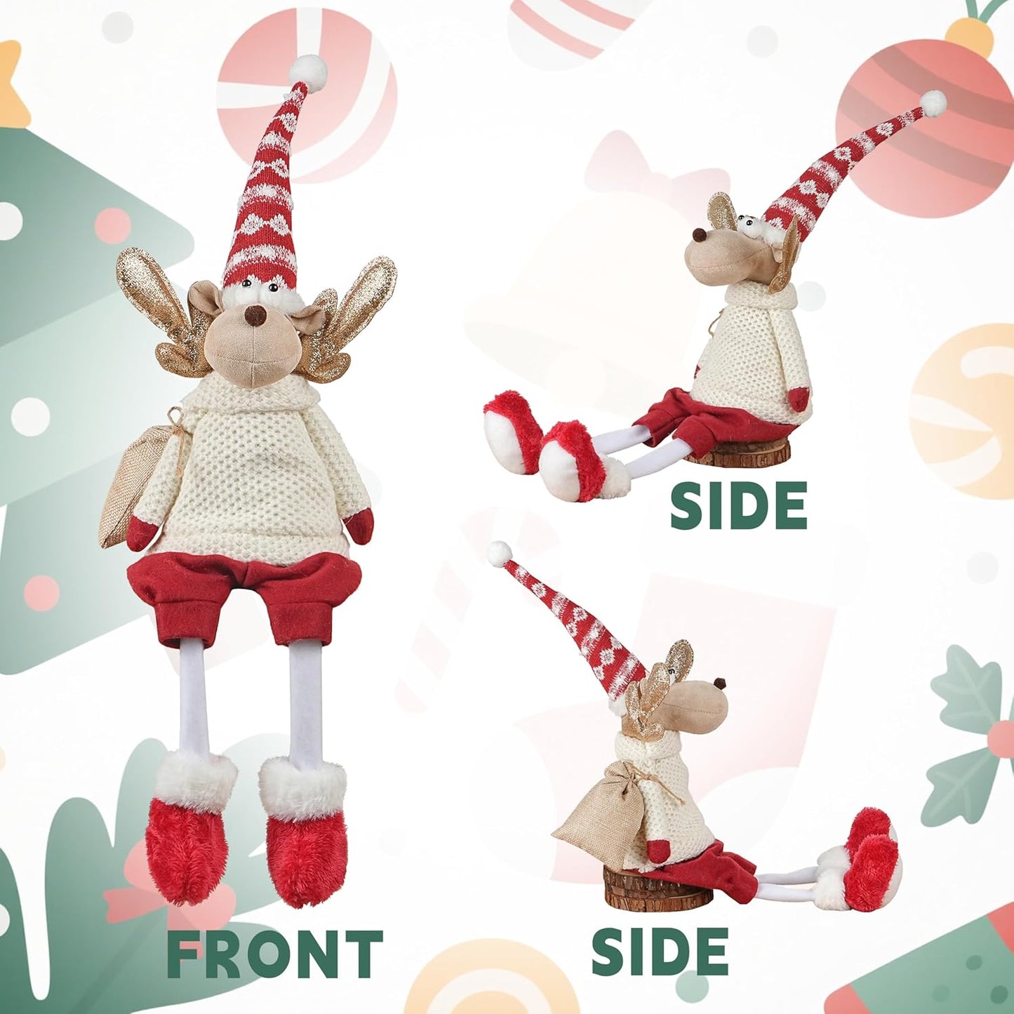 Regine Switzerland Christmas Sitting Reindeer Shelf Sitter Decor - 24 Inch Plush Figurine with Dangling Legs & Weighted Bottom for Holiday Mantel/Tabletop
