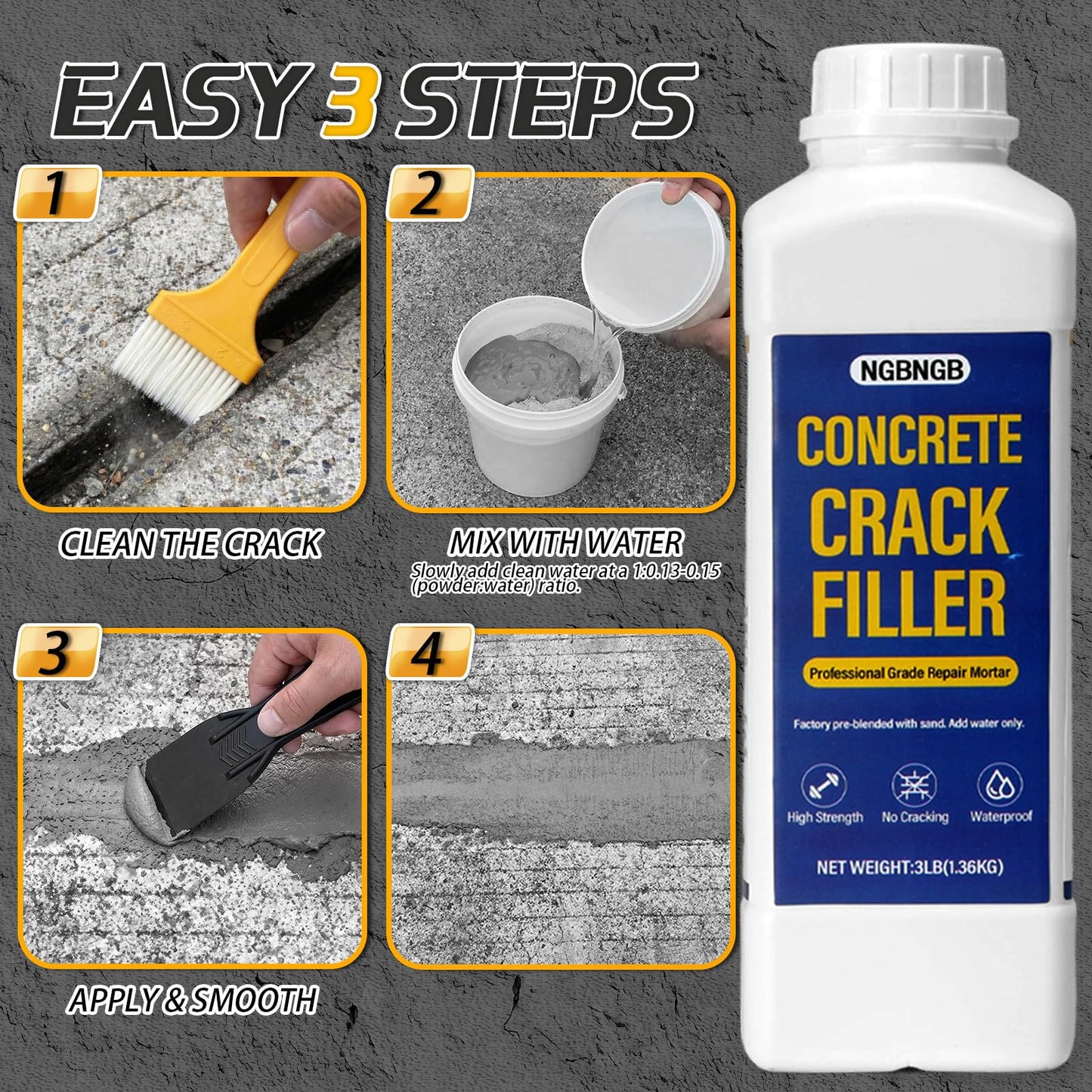 Concrete Crack Filler 3LB Gray - Heavy Duty Dry Granular Mortar Repair Kit for Driveways, Walkways & Patios - DIY Concrete Hole Filler with Quartz Sand, Includes Scraper, Brush & Gloves