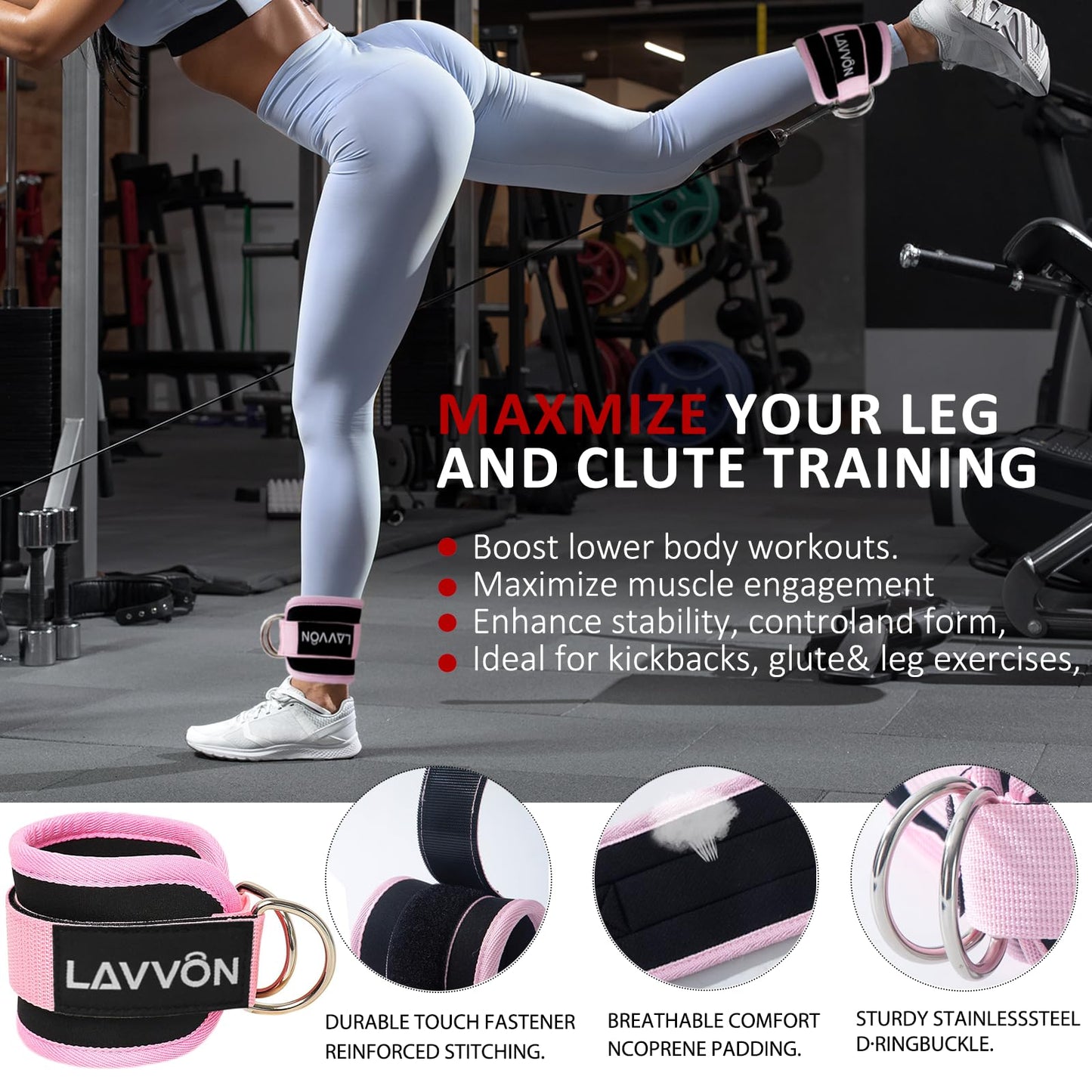 Squat Pad Set - Foam Barbell Pad for Squats Cushion, Lunges & Bar Padding for Hip Thrusts -Standard Olympic Weight Bar Pad,Gym Accessories for Women(Ankle Straps,Wrist Straps for Weightlifting)(Pink)