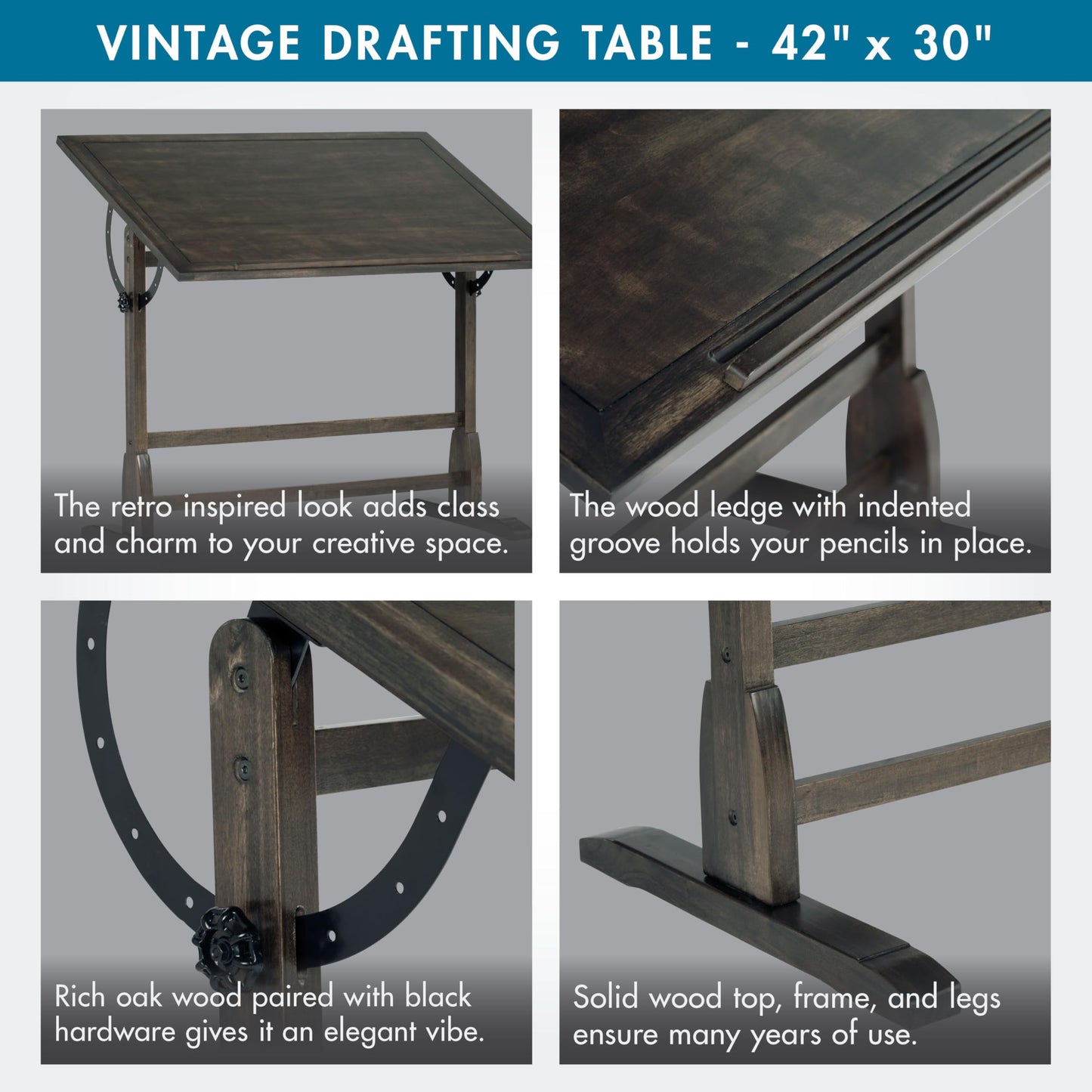 Studio Designs Vintage Drawing/Drafting Table with Pencil Ledge - 42" W x 30" D - Distressed Black - Adjustable Tilting Top