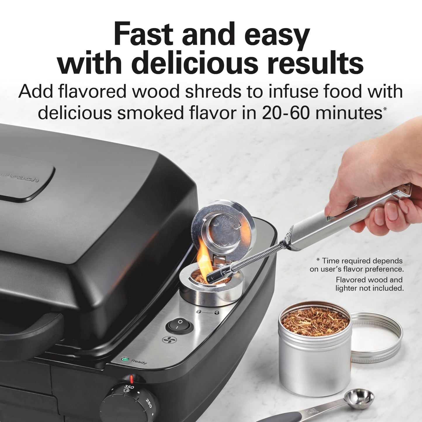 Hamilton Beach Electric Indoor Grill with Hot and Cold Smoke Infuser, 150°F - 450°F Temperature Control For Searing, Vented Hood and Fan, 116 Sq. In. Non-Stick Cooking Surface, Black (25375)