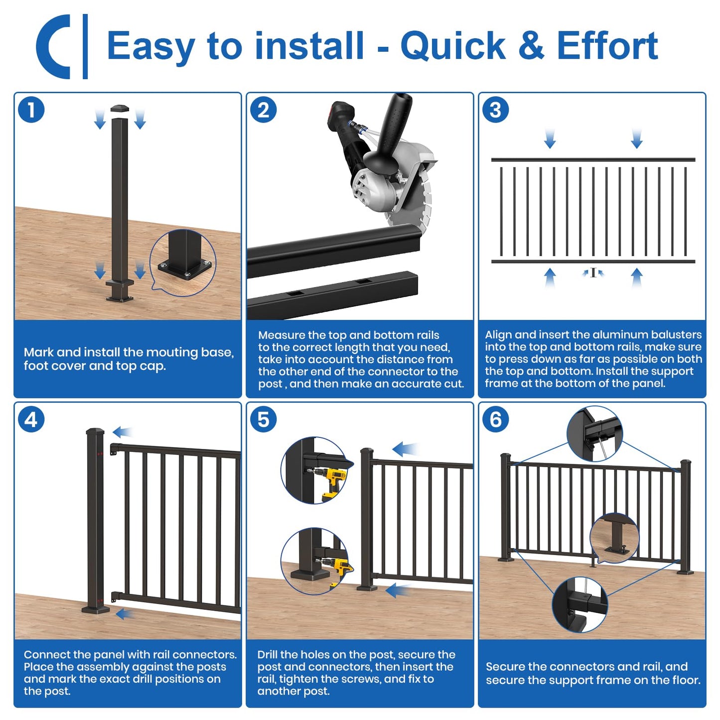 CKE 36 in. H x 8 ft. W Porch and Deck Railing Kit with Post, Aluminum Railing Kit, AAMA 2604 Black Textured Powder-Coat Finish Railing System for Outdoor Decks, Porches & Balconies(1 Post, 1 Panel)