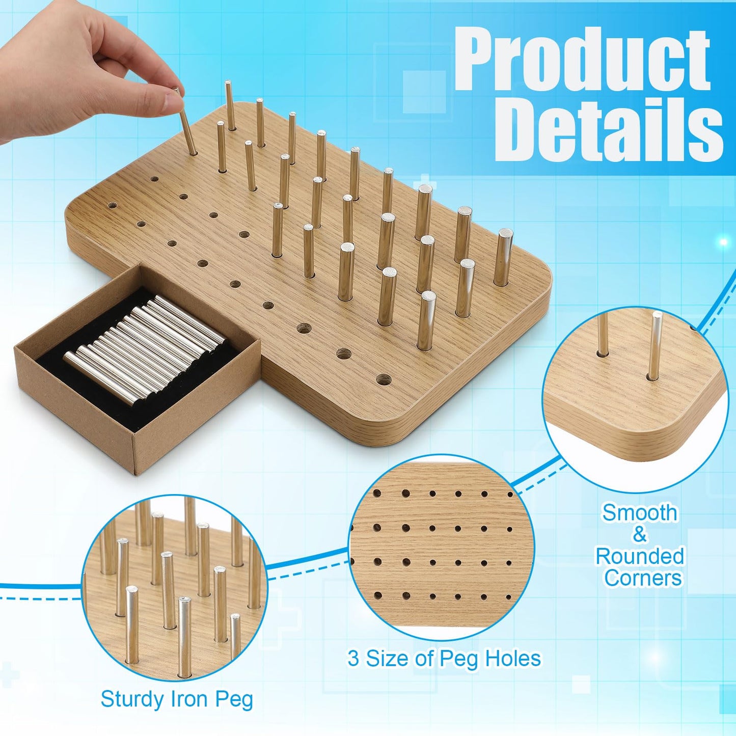 Colingmill 36 Hole Wooden Pegboard for Finger Dexterity with 4mm/6mm/8mm Iron Pegs Hand Rehabilitation Board Wood Peg Board for Improving Fine Motor Skills and Hand Eye Coordination