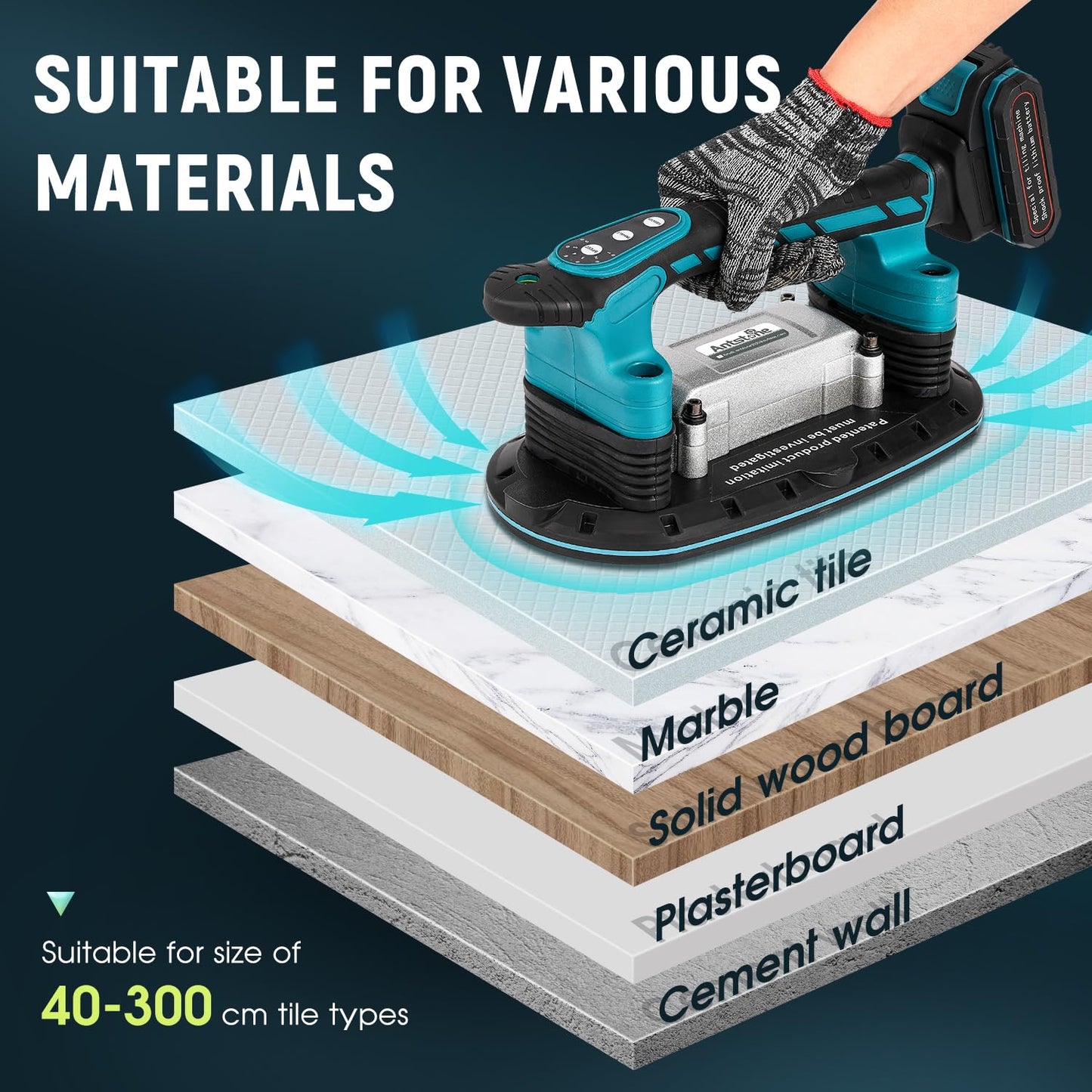 Antstone Tile Vibration Tool 283mm Suction Cup 882lbs/400kg, Handheld Tile Installation Leveling Machine 6-Speed Adjustable Tile Vibrator for Tiling Leveling Laying Max.28000 RPM 2 Batteries Included