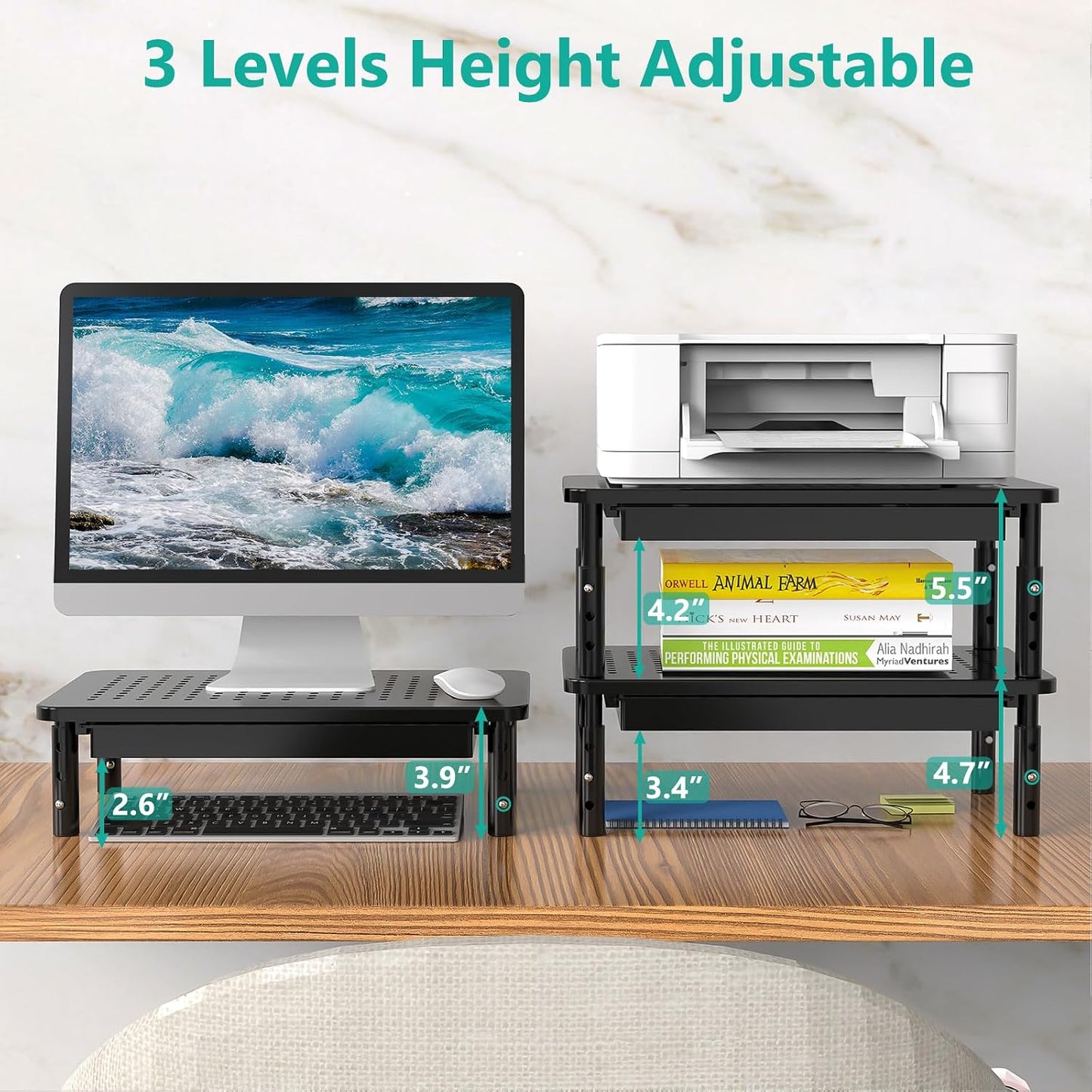 3 (STT003D-B), 1 Pack, WALI Computer Monitor Stand with Storage, Desk Monitor Riser Height Adjustable, Laptop Riser