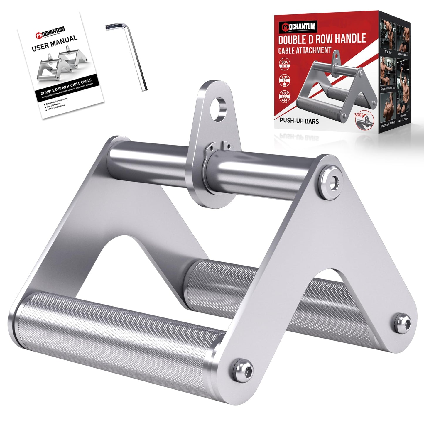 Mochantum Double D Row Handle Cable Attachment, Stainless Steel V Bar with Non-Slip Aluminum Grip for Home Gym Cable Machine, LAT Pulldown & Back Training