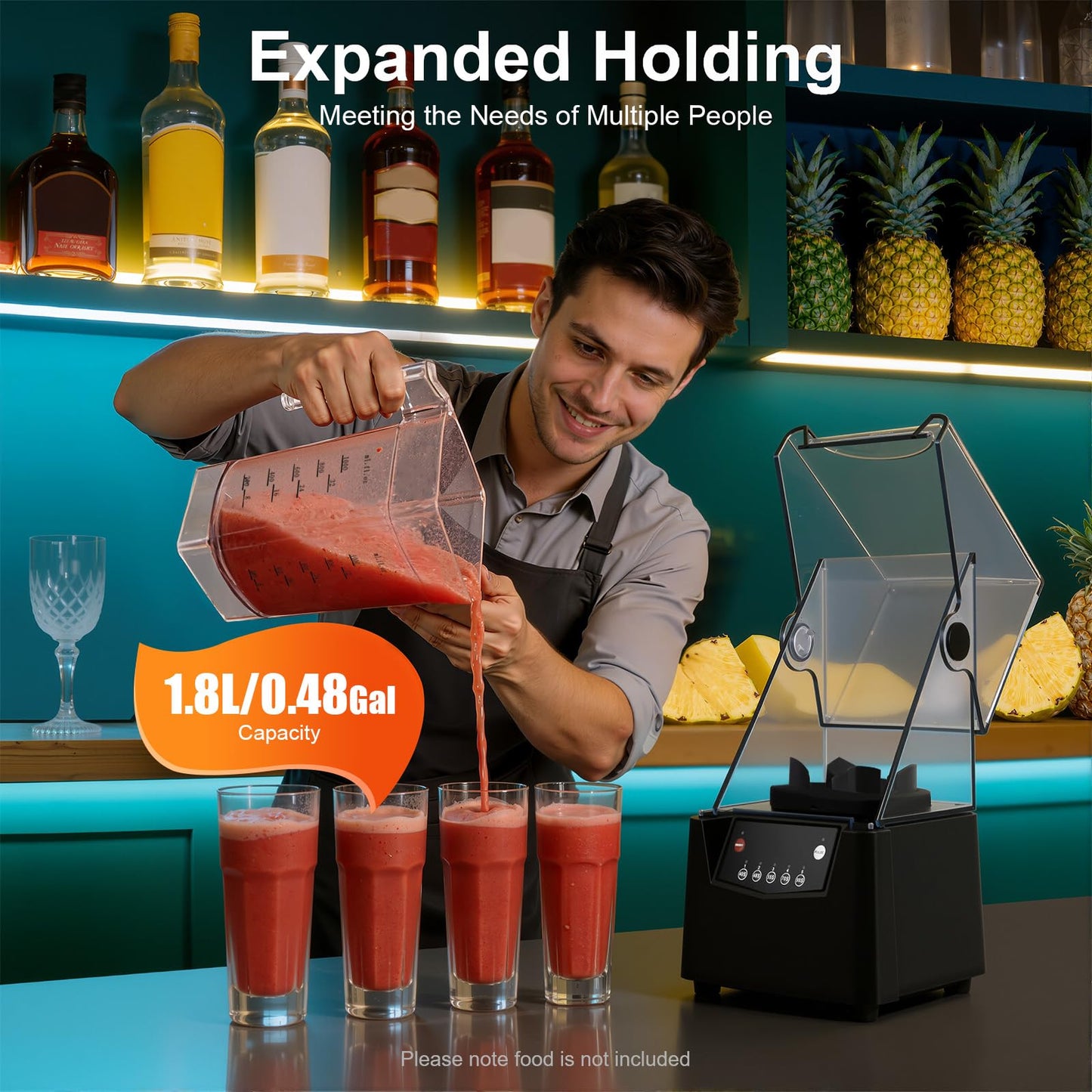 1.8L Commercial Blender, Soundproof Professional Smoothie Machine, 2200W 23000r/min Time Function Automatic Drink Mixer 110V~120V Electric Ice Crusher w/ML, FL.OZ Two Volume Units, Soundproof Cover
