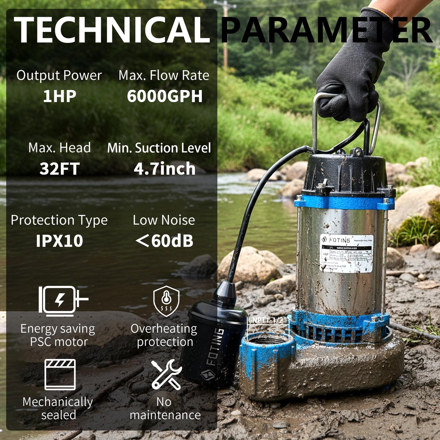 FOTING 1HP 6000 GPH Sump Pump Submersible Sewage/Effluent Pump - Heavy Duty Cast Iron - 115V Septic Pump for Sump Basin/Residential/Sewage/Basement, Sewage Pumps 1-1/2'' NPT