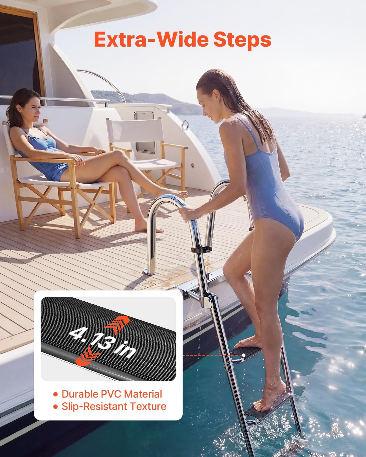 VEVOR Boat Ladder, 4 Steps Stainless Steel Telescoping Folding Swim Deck Ladder for Rear Entry Inboard, 600lbs Capacity with 4.1'' Extra Wide Steps & Handrails, for Outboards, Yacht, Pontoon Boat