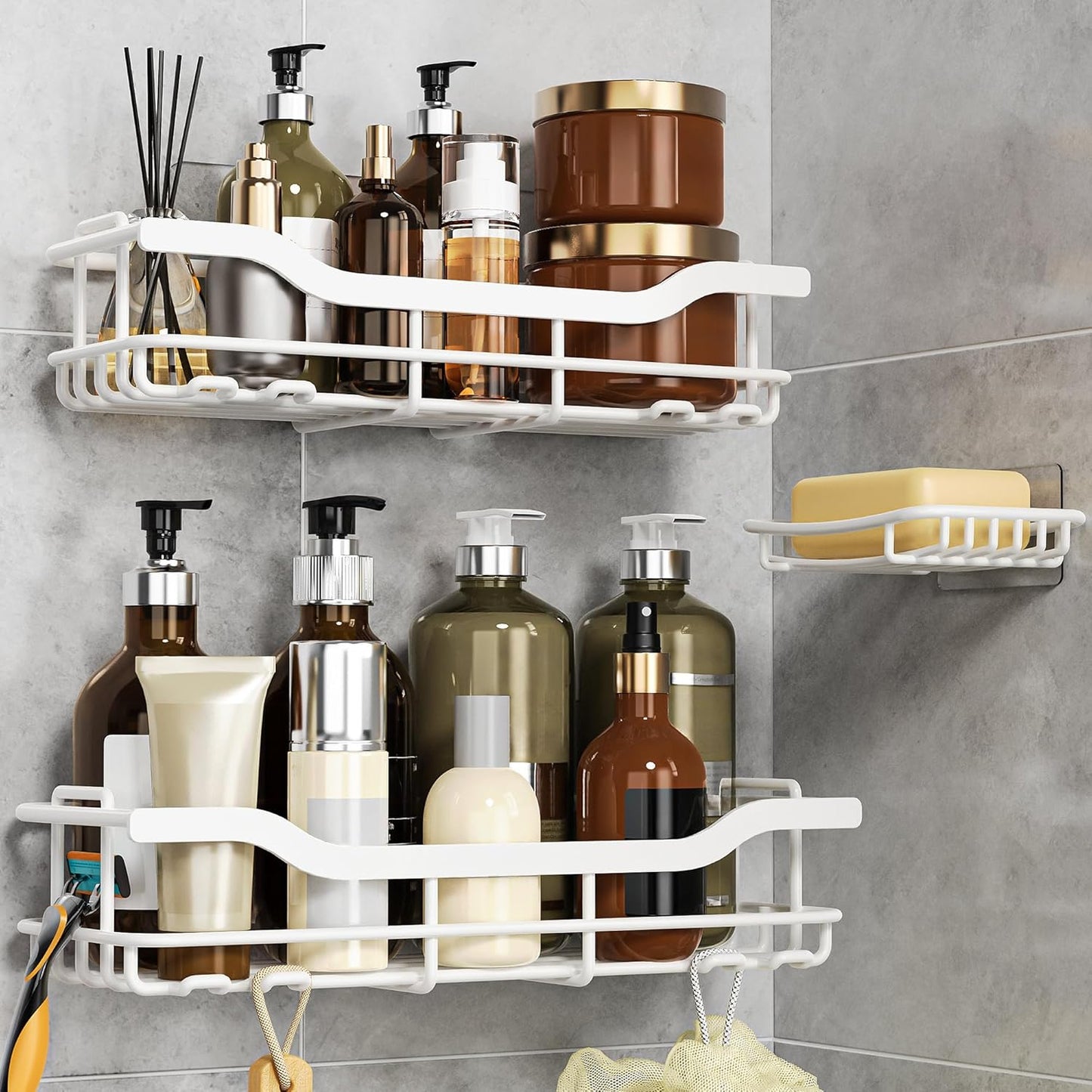 OMAIRA Shower Caddy - 3-Pack Adhesive Rustproof Organizer with Soap Holder for Smooth Walls | White (X-Large)