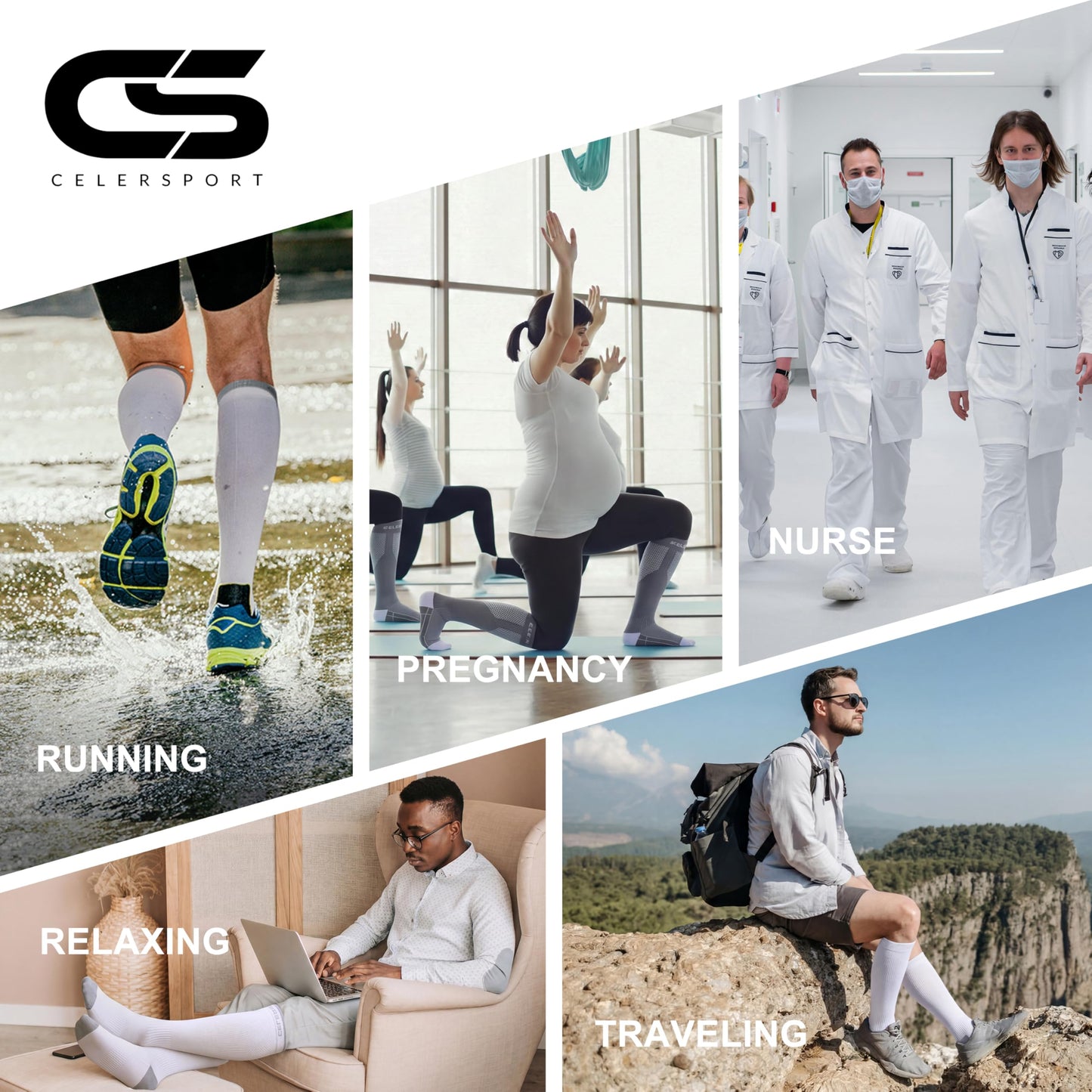 CS CELERSPORT 3 Pairs Compression Socks for Men and Women Running Support Socks Gifts for Men, Black + White + Grey, Large/X-Large