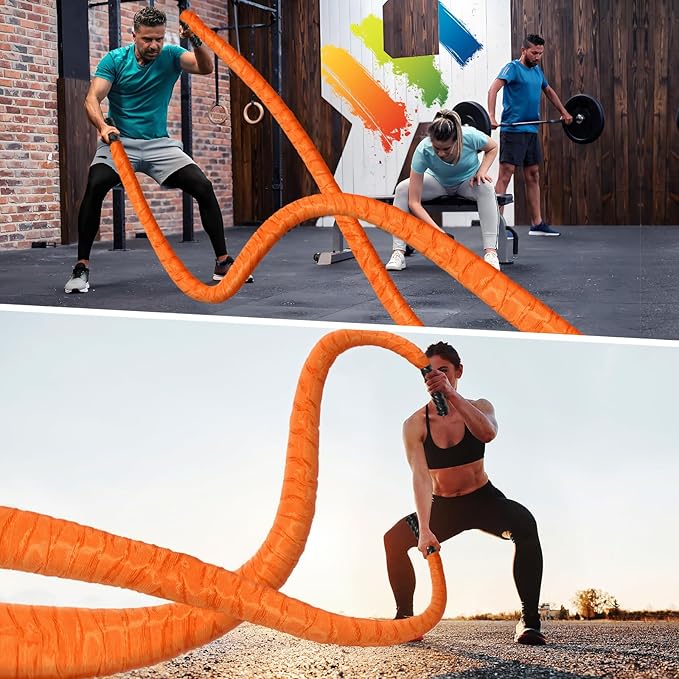 Battle Ropes for Home Gym 1.5Inch Diameter 30 FT Lengths Workout Heavy Battle Ropes for Exercise Training Weighted Rope for Working Out Exercise Equipment with Protective Cove - Orange