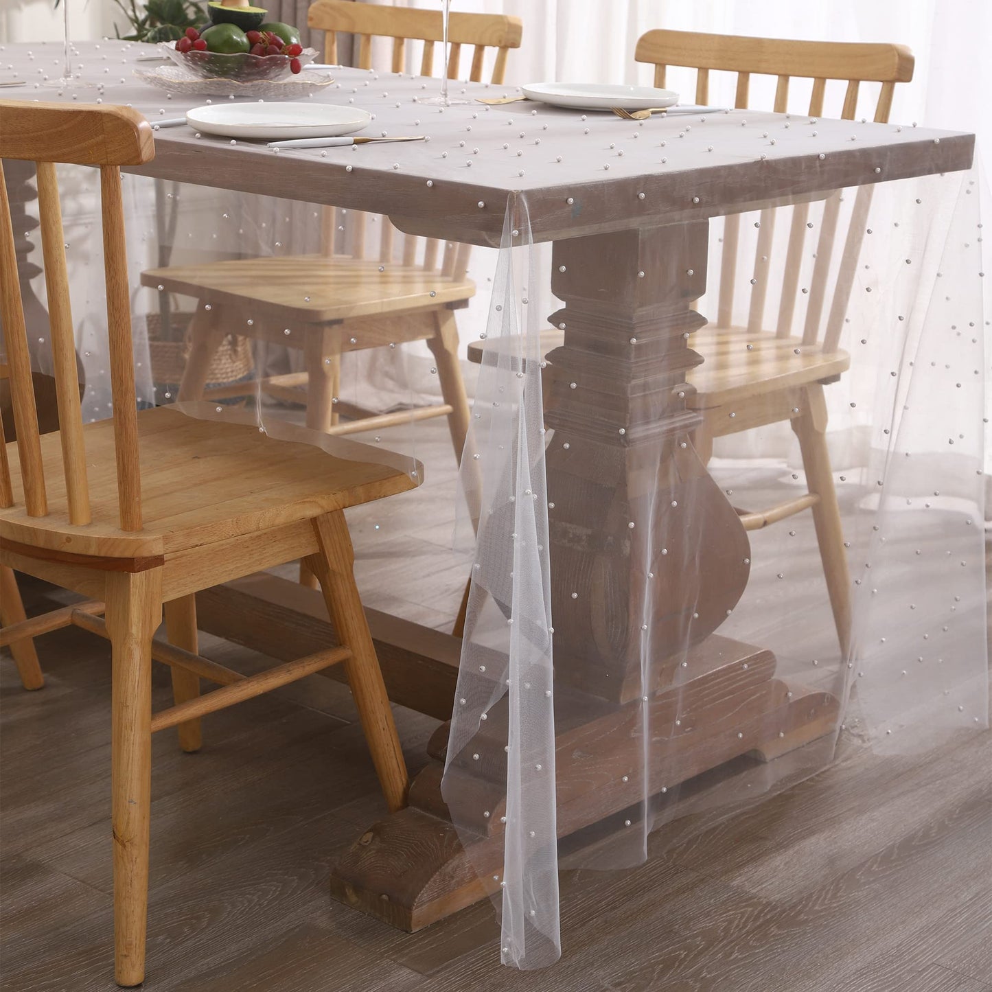 Tosleo Fairy Tablecloth White Pearl Table Cloth Summer Sheer Tulle Fabric Lace Table Cover Bridal Veil Tablecloths Chiffon Table Covers for Christmas Wedding Birthday Party(55 x 102 Inch)