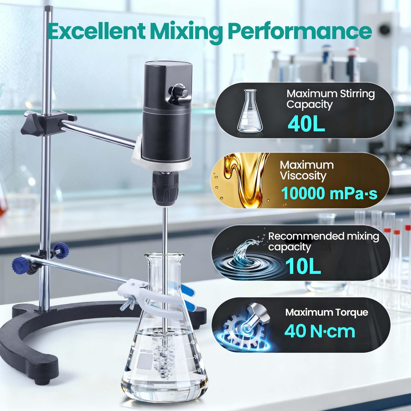 Deccasa Lab Overhead Stirrer - 40L Capacity Digital Mixer, 100-2000 RPM Variable Speed, High Viscosity 10000mPa·s, Brushless Motor with Support Stand & Dual Stirring Rods
