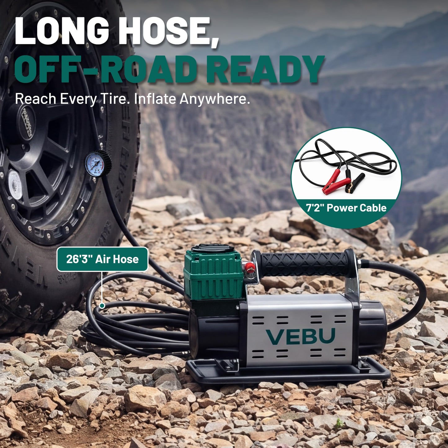VEBU 12V Air Compressor, 125PSI Tire Inflator with In-line Pressure Gauge, 5.65CFM Fast Inflation for Off-road Vehicles, Trucks, SUVs, RVs, ATVs, DC Power, Corded Electric