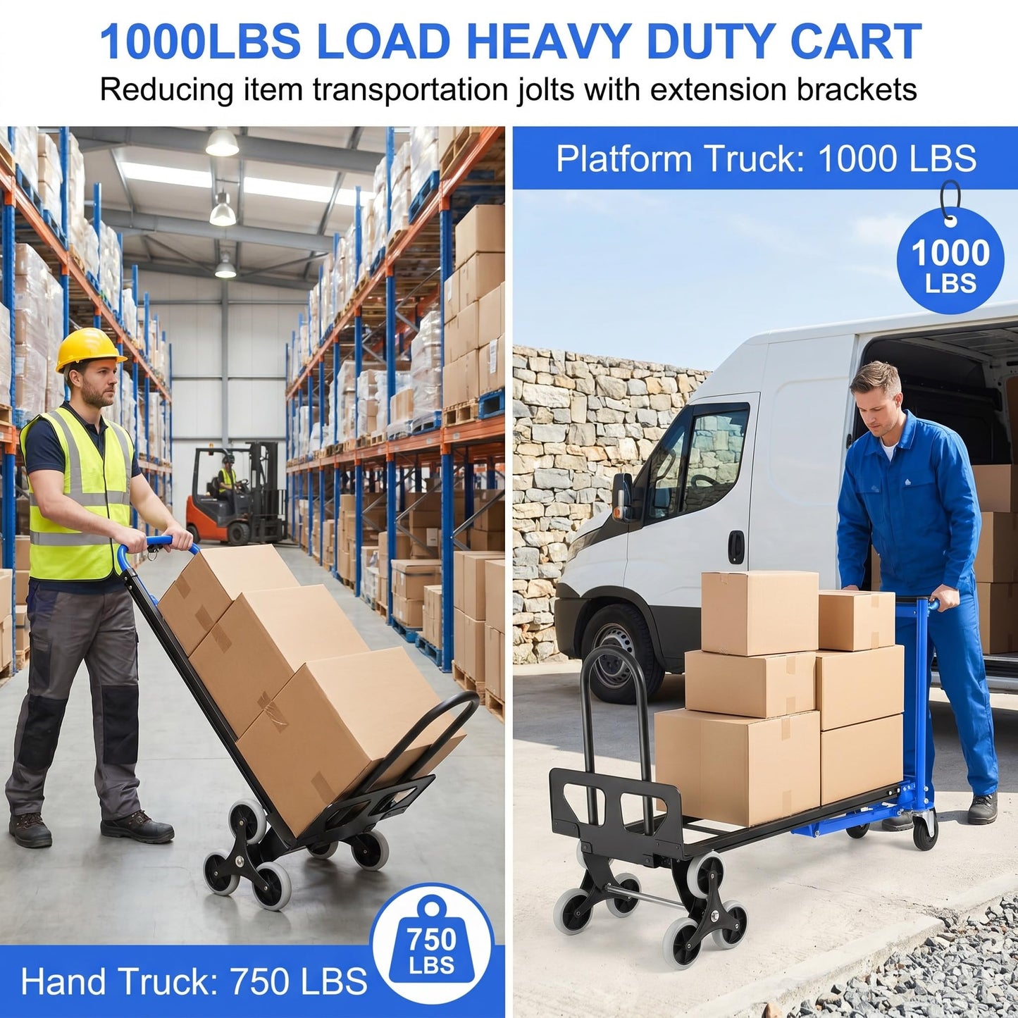 1000LBS Convertible Hand Truck, Heavy Duty Foldable Aluminum Stair Climbing Dolly with Solid Wheels for Moving/Office/Travel (Blue)