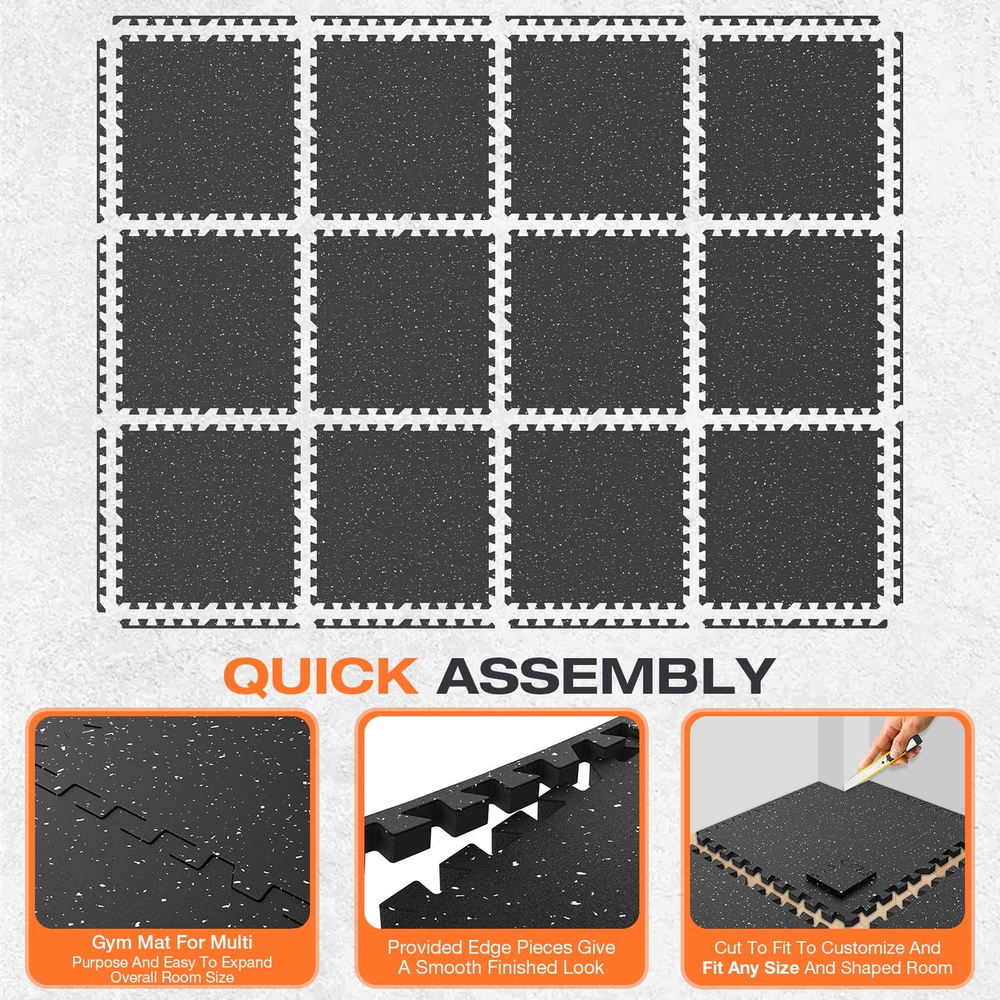 FLEXLIFT 0.56'' Thick 12 Pcs 48 Sq Ft Non-Slip Rubber Top Exercise Equipment Mats, High Density EVA Foam Mats with Rubber Top, Interlocking Puzzle Gym Flooring for Home Gym, Workout Floor Mats, Black