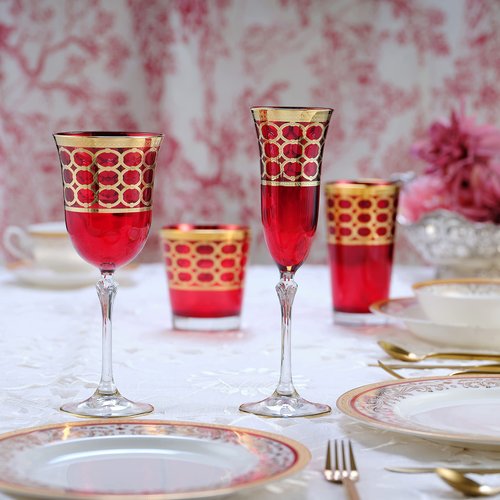 Lorren Home Trends Deep Red Colored Champagne Flutes with Gold Rings, Set of 4