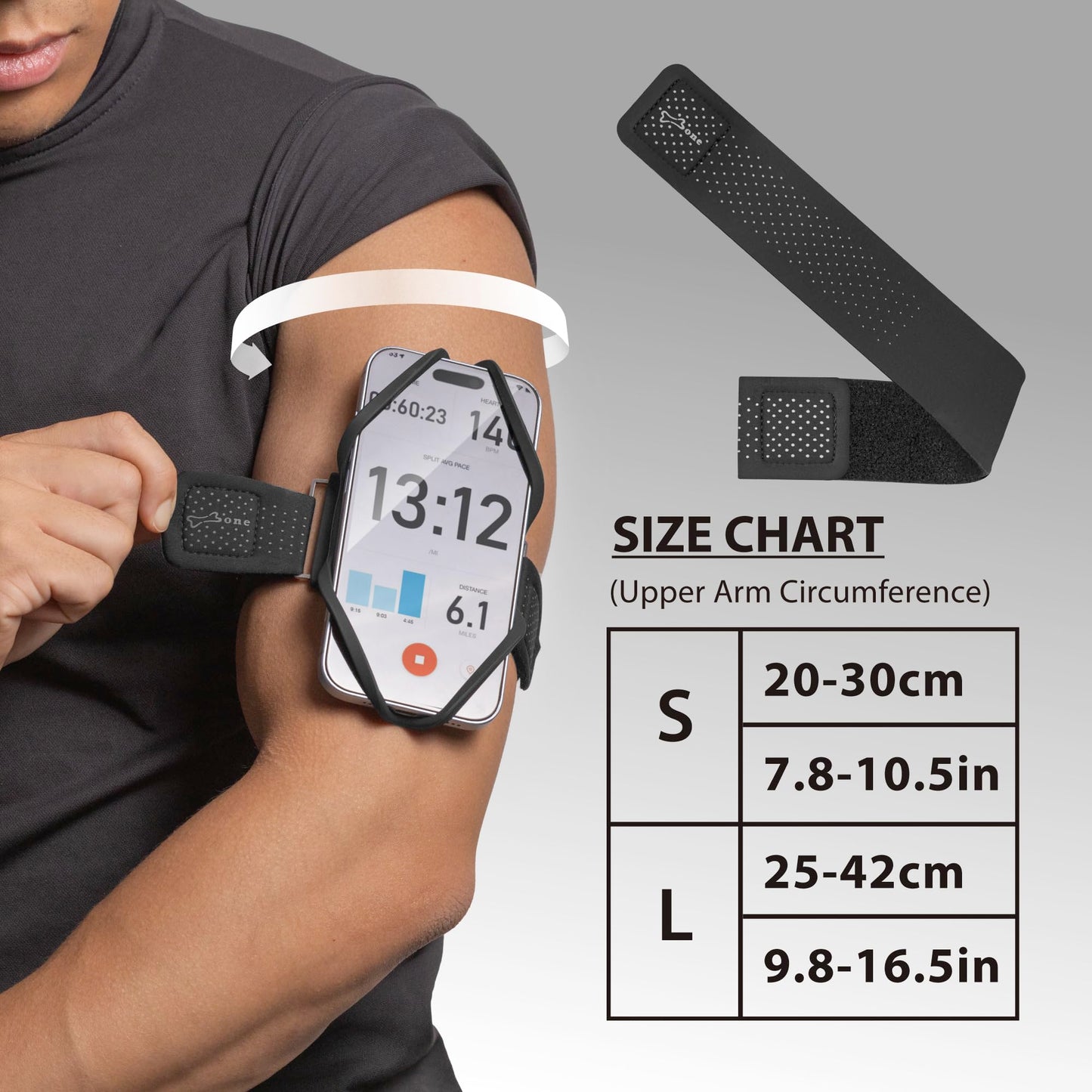 BONE Run Tie 3, Running Phone Armband, Skin-Friendly Silicone Sport Armband with Dual Layer Structure for Heat-Dissipation, Workout Phone Holder for iPhone and 4-7"-7.2" Smartphones (Size L)
