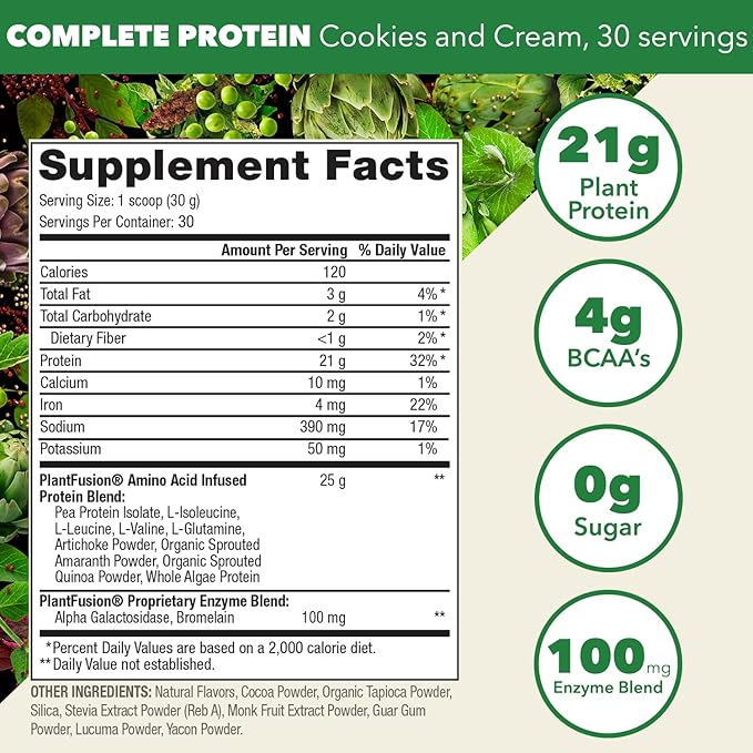 PlantFusion Complete Vegan Protein Powder - Plant Based Protein Powder with BCAAs, Digestive Enzymes and Pea Protein - Keto, Gluten Free, Soy Free, Non-Dairy, No Sugar, Non-GMO - Cookies & Cream 2 lb